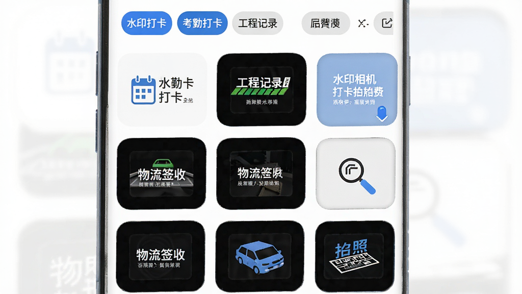 ����Ϊ�ֻ���Ļչʾˮӡģ��ѡ����棬����Ϊ�Ź���ģ������ͼ���С������з����ǩ�����Ű��������������Ϊ��ˬ��ƽUI��Ʒ磬ϸ�ڰ������ڴ򿨡����̼�¼������ǩ�յ�ģ�忨Ƭ����ɫѡ��״̬����ɫ������Բ��ͼ�꣬���ʸ���ɾ��޶���Ԫ�أ�ͼƬ������Ϊ��ˮӡ�����������ѡ�