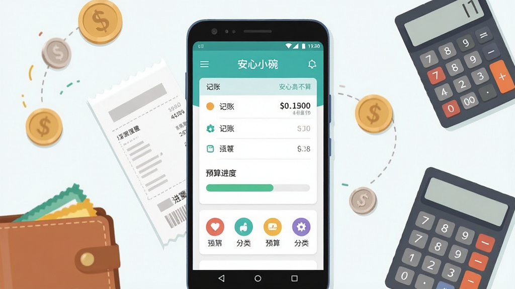 画面中央放置一部安卓手机,手机屏幕上显示“安心小碗”应用的主界面,界面中有记账列表、预算进度条和分类图标,手机周围环绕硬币、小票、钱包、计算器等生活元素,布局采用中心聚焦式构图,排版简洁明快,风格为扁平化插画风,细节上突出界面的清爽与数据卡片的层次感,画质清晰干净,无多余装饰元素