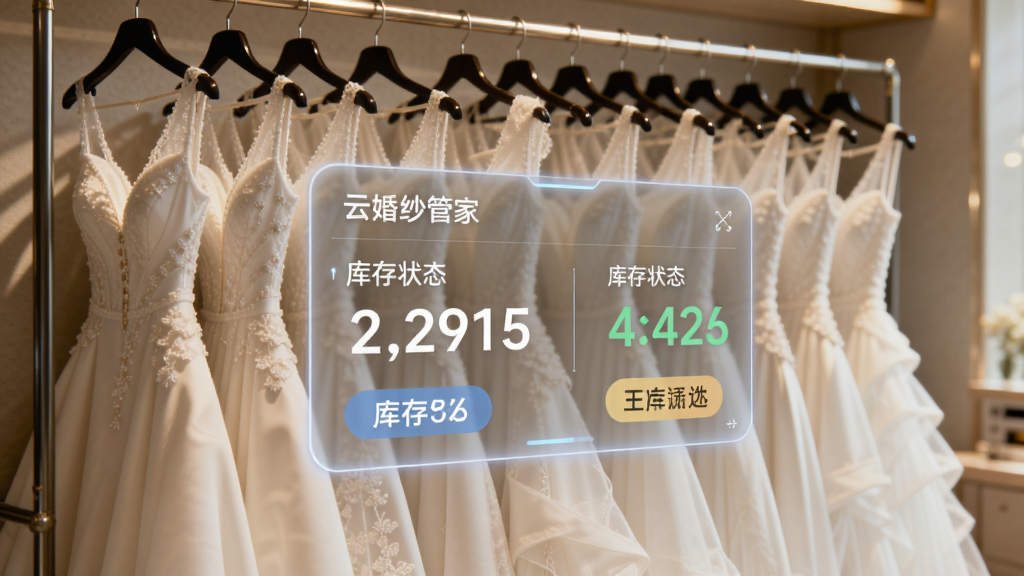 画面主体是一排整齐悬挂的白色婚纱礼服,前方悬浮一块半透明数字面板显示库存数量与状态标签,布局为横向排列的衣架场景配合悬浮UI,风格为轻科技感与婚礼美学结合,细节上面板文字标注“云婚纱管家”与库存数字,灯光柔和温暖,画质高清、画面干净、无多余元素