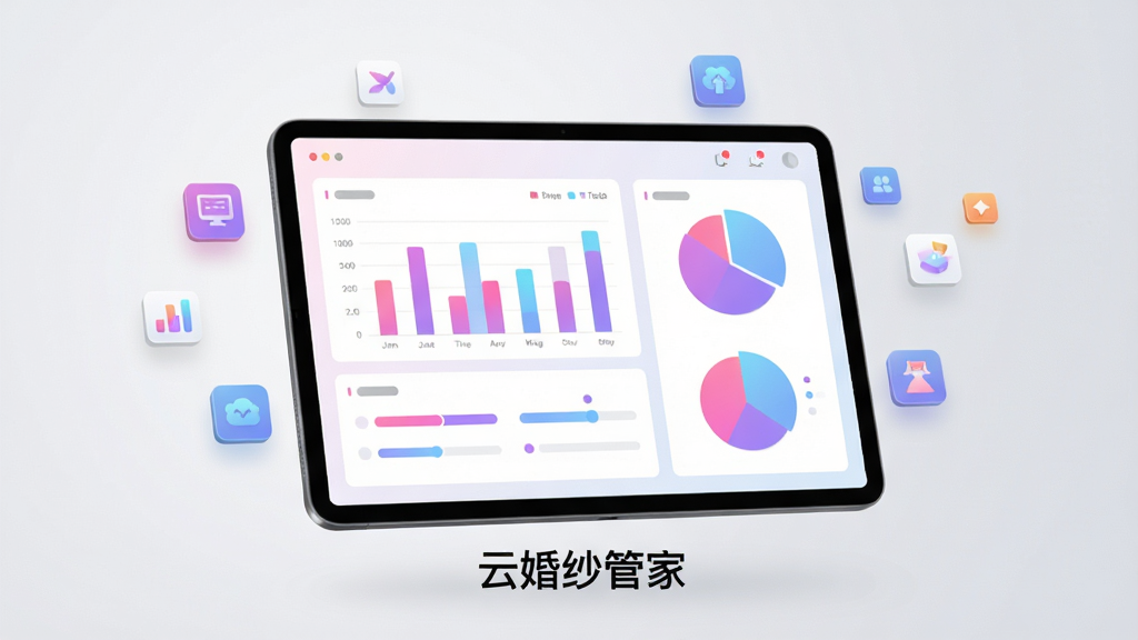 画面主体是一块悬浮的平板电脑屏幕,显示彩色柱状图与饼状图组成的数据看板,布局为居中展示配合四周漂浮的小图标,风格为现代数据可视化风格,细节上图表颜色以粉紫与浅蓝为主,屏幕下方有“云婚纱管家”字样,背景为浅灰渐变,画质高清、画面干净、无多余元素