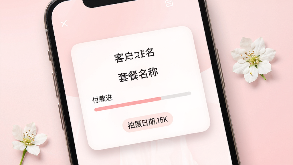 画面主体是一部竖屏智能手机特写,屏幕中展示婚纱摄影订单详情卡片,包含客户姓名、套餐名称、付款进度条与拍摄日期标签,布局为居中卡片式排版,背景是柔和的浅粉色渐变,风格清新明快,细节上卡片带有圆角与轻微阴影,旁边散落两朵白色小花装饰,画质高清、画面干净、无多余元素