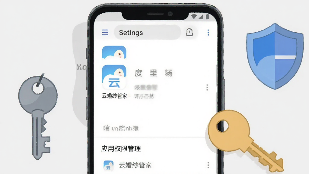 画面主体是一部安卓手机屏幕特写,显示应用权限管理设置页面,旁边放置一把小钥匙与盾牌图标,布局为手机居中、图标环绕两侧,风格为扁平化安全主题插画,细节上手机屏幕带有“云婚纱管家”应用图标,背景为浅灰色,画质高清、画面干净、无多余元素