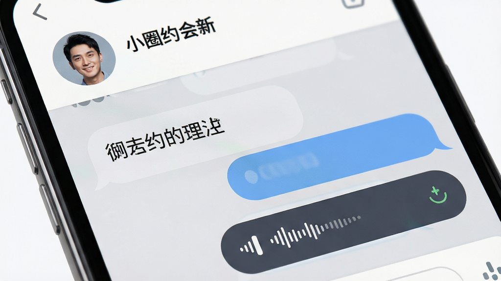 小圈约会聊天对话界面特写,展示文字气泡与语音消息条,顶部为对方头像与昵称,背景为浅灰色聊天壁纸,界面元素清晰,手机UI展示风格,干净无杂乱,高清画质