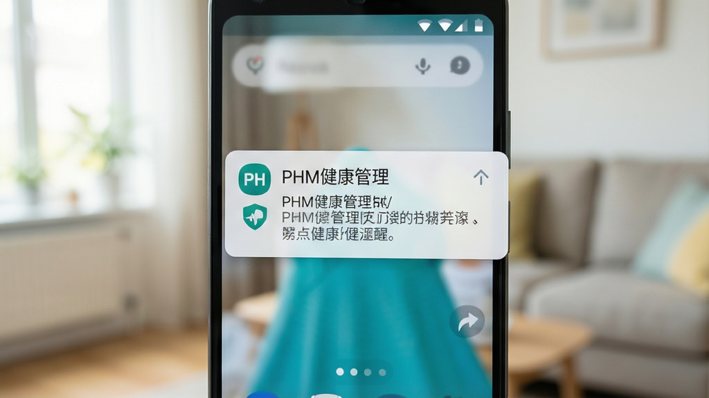 一张展示手机通知提醒场景的图片,画面中一部安卓手机屏幕弹出带有“PHM健康管理”字样的健康提醒通知卡片,背景为柔和的生活场景虚化处理,风格写实清新,布局以手机为视觉中心,细节突出通知卡片的图标与文字,画质清晰,画面干净整洁