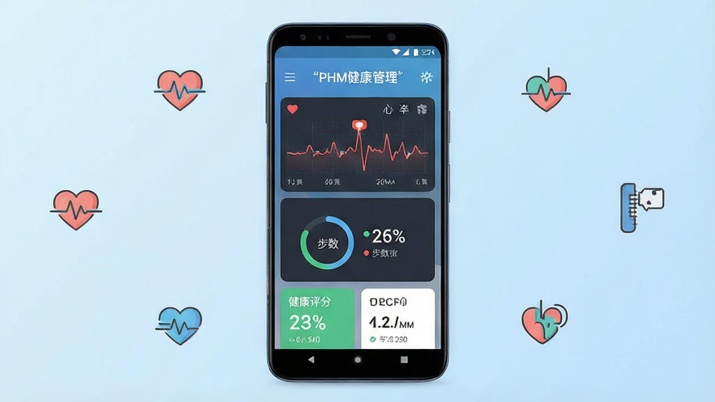 一张展示PHM健康管理软件主界面的手机应用截图风格图片,画面中央放置一部竖屏安卓手机,手机屏幕上显示健康数据仪表盘,包含心率曲线、步数圆环和健康评分卡片,背景为干净的浅蓝渐变,四周点缀简约的健康图标元素,整体风格清爽现代,画质清晰,文字内容使用引号标注为“PHM健康管理”,画面干净无多余装饰
