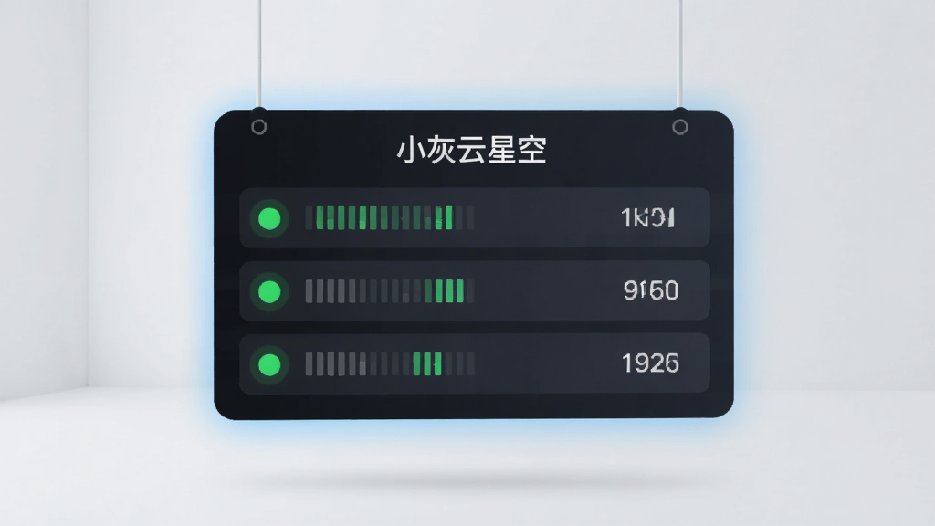 画面为一块悬浮的深色数据看板,看板上方标题为“小灰云星空”,下方排列三行设备状态条目,每条左侧有绿色圆点指示灯,右侧显示信号格与数值,看板边缘有淡蓝色光晕,背景为干净的浅灰空间,科技感扁平风格,排版整齐,画质细腻,干净无多余装饰