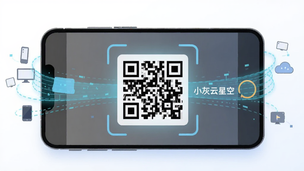 一部手机横放在画面中央,屏幕显示扫描二维码的取景框,框内有一个方形二维码图案,二维码旁标注“小灰云星空”文字,手机周围环绕淡蓝色数据流线条与设备小图标,背景为纯白到浅蓝的柔和过渡,扁平插画风格,构图简洁,画质清晰,干净无杂乱元素