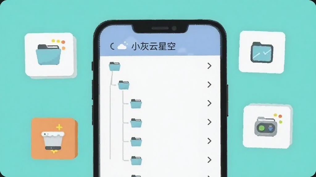 画面中央为一部手机,屏幕显示树状分组列表,顶部有“小灰云星空”标签,列表项左侧有文件夹图标,右侧有展开箭头,手机周围漂浮几个小型设备卡片图标,背景为浅青色纯色,扁平插画风格,排版清晰,画质干净,无多余元素