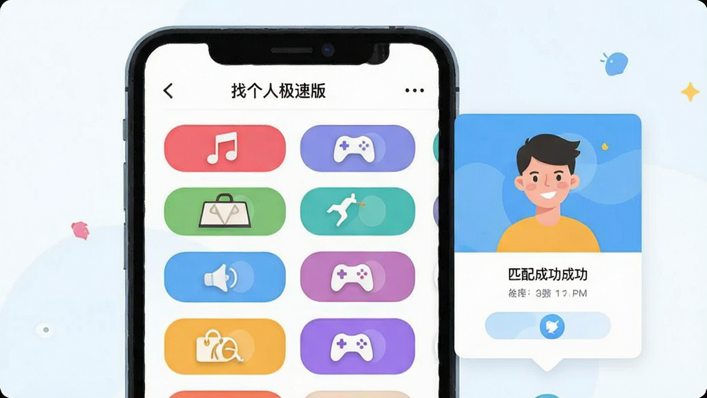 ���Ҹ��˼��ٰ桱Ӧ�ý����ͼ���廭����������Ϊ�ֻ���Ļ��ʾ��Ȥ��ǩѡ��ҳ�棬��ǩ�Բ�ɫԲ�Ǿ������У��Ҳ���ƥ��ɹ������￨Ƭ�������������ҷ�����������������ƽ����ϸ�ڰ������֡����С���Ϸͼ�꣬���ʸ��壬�ɾ�������Ԫ��