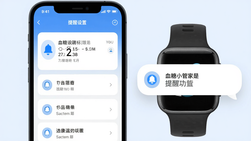 主体是手机与手表组合展示血糖小管家提醒功能,布局为左侧手机显示提醒设置列表右侧悬浮通知气泡,排版左右呼应,风格为现代扁平化健康应用风,细节包括蓝色铃铛图标、时间刻度、白色卡片与浅蓝背景,画质高清干净无多余元素