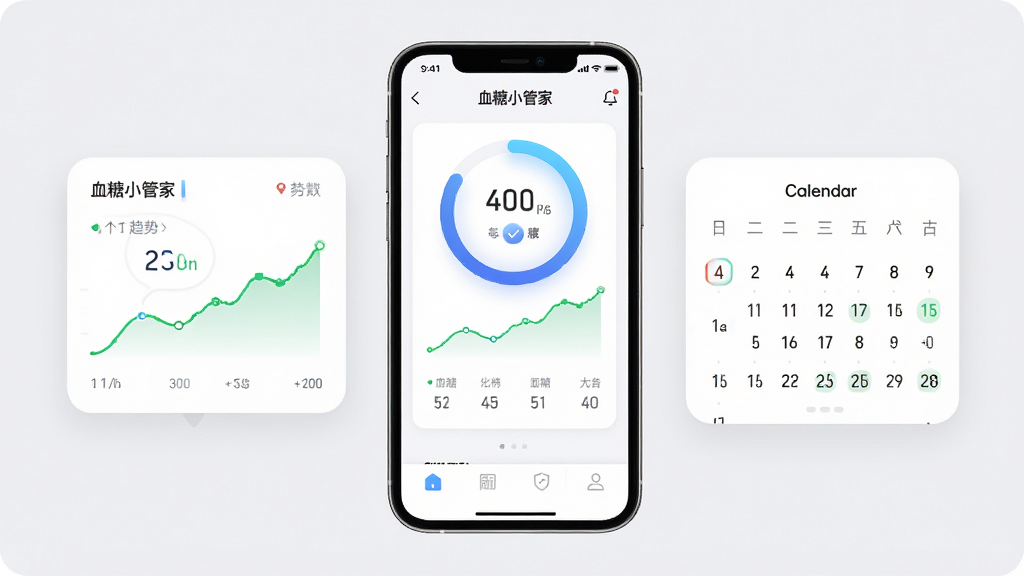 主体是一部智能手机正面展示血糖小管家应用主界面,布局为居中手机加左右悬浮的血糖曲线卡片与日历记录卡片,排版简洁上下留白,风格为清爽医疗健康风,细节包括蓝色渐变数值圆环、绿色趋势折线、白色圆角卡片与浅灰背景,画质高清干净无多余元素