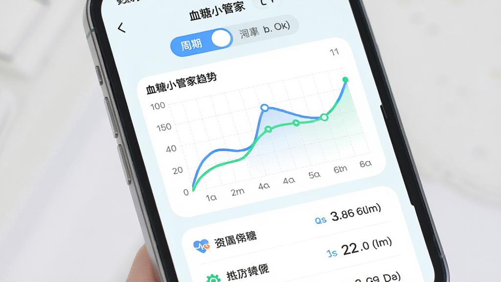 主体是手机屏幕展示血糖小管家趋势图表页面,布局为上方周期切换标签加中部折线图加下方数据列表,排版纵向三段式,风格为清新浅色健康风,细节包括蓝绿双色折线、网格背景、圆角标签与白色卡片,画质高清干净无多余元素