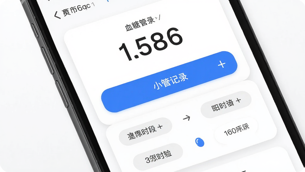 主体是手机屏幕特写展示血糖小管家记录页面,布局为上方大号数值输入框加下方时段选择按钮组,排版纵向排列层次分明,风格为简约卡片式设计,细节包括蓝色主按钮、浅灰时段标签、白色背景与柔和阴影,画质清晰干净无多余元素