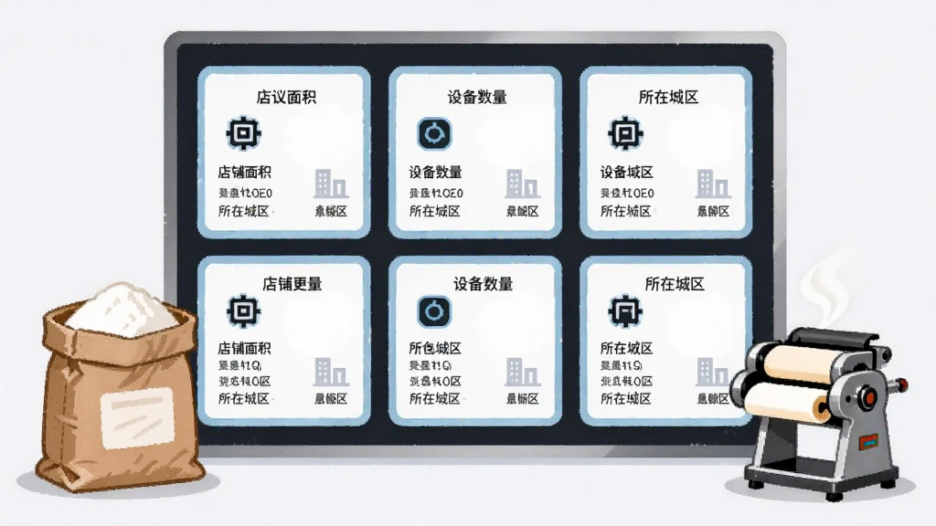 画面主体为一块横向信息展示板,板上整齐排列多张面坊信息卡片,卡片内用图标表示店铺面积、设备数量与所在城区;展示板左侧立着一袋面粉,右侧放着一台小型压面机;布局为左右对称的横向构图,风格为简约商务插画;细节上卡片边缘有淡蓝色描边,背景为浅灰白色;画质清晰干净,无多余元素