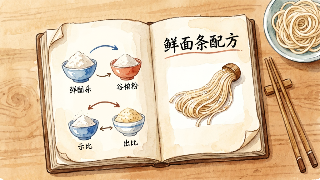 画面主体为一本摊开的配方笔记,左页画着面粉与谷朊粉的配比示意图,右页写着“鲜面条配方”字样并配有面条成品小图;笔记旁放着一双筷子与一小碗面条;布局为俯视平铺构图,风格为手绘水彩插画;细节上纸张有轻微卷边,背景为木质桌面;画质清晰干净,无多余元素