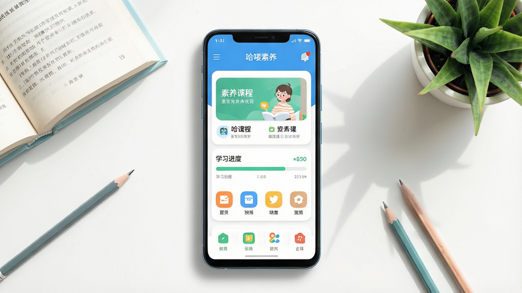 一张展示哈喽素养软件整体界面的场景图,画面中央是安卓手机屏幕,屏幕内呈现哈喽素养应用首页,包含素养课程卡片、学习进度条与功能入口图标,手机周围摆放着书本、铅笔和绿植,布局居中对称,风格清新明亮,细节包括柔和的阴影与圆角图标,画质清晰干净,无多余元素
