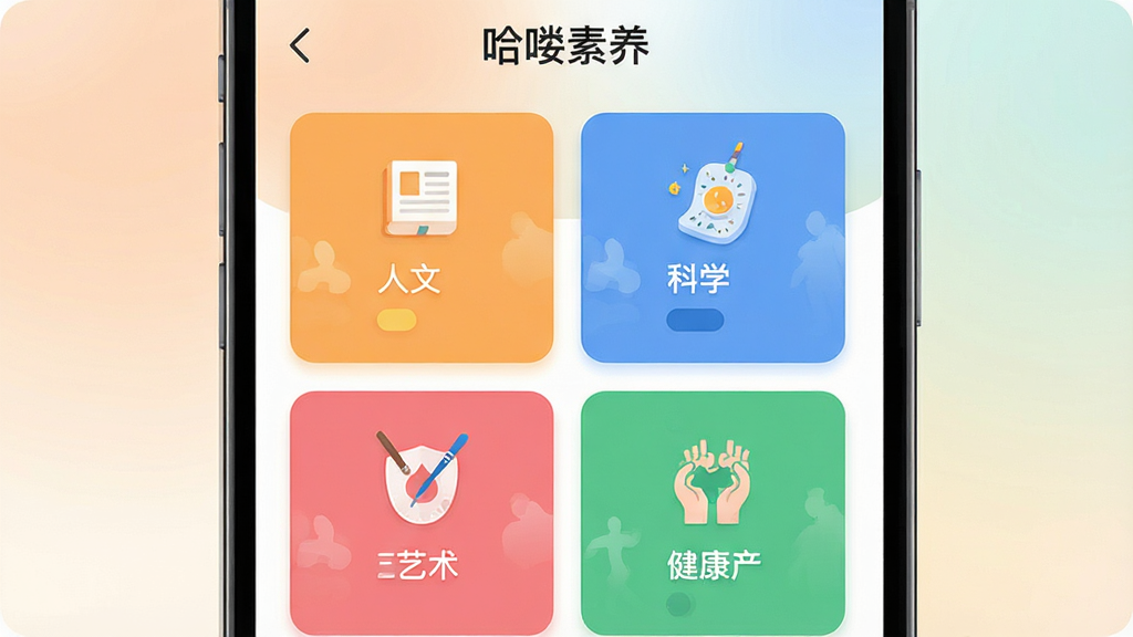 一张表现哈喽素养多元内容板块的示意图,画面以哈喽素养应用界面为主体,屏幕中展示人文、科学、艺术、健康四个内容卡片分区,每个分区配有对应的小图标与颜色标签,布局为上下排列的手机界面展示,风格扁平化插画,细节包括柔和的渐变背景与清晰的模块分隔线,画质干净清晰,无多余元素