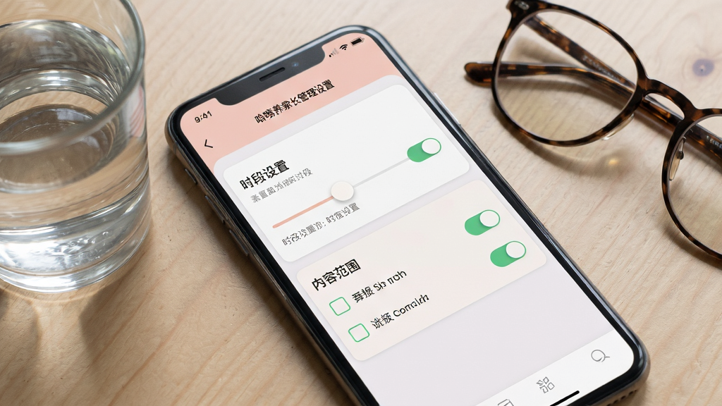 一张展示哈喽素养家长管理设置界面的场景图,画面为手机屏幕特写,屏幕中呈现时段设置滑块与内容范围勾选项,界面配色柔和,手机旁放置一杯水与眼镜,布局为斜角俯视,风格生活化,细节包括清晰的开关控件与说明文字区域,画质自然干净,无多余元素
