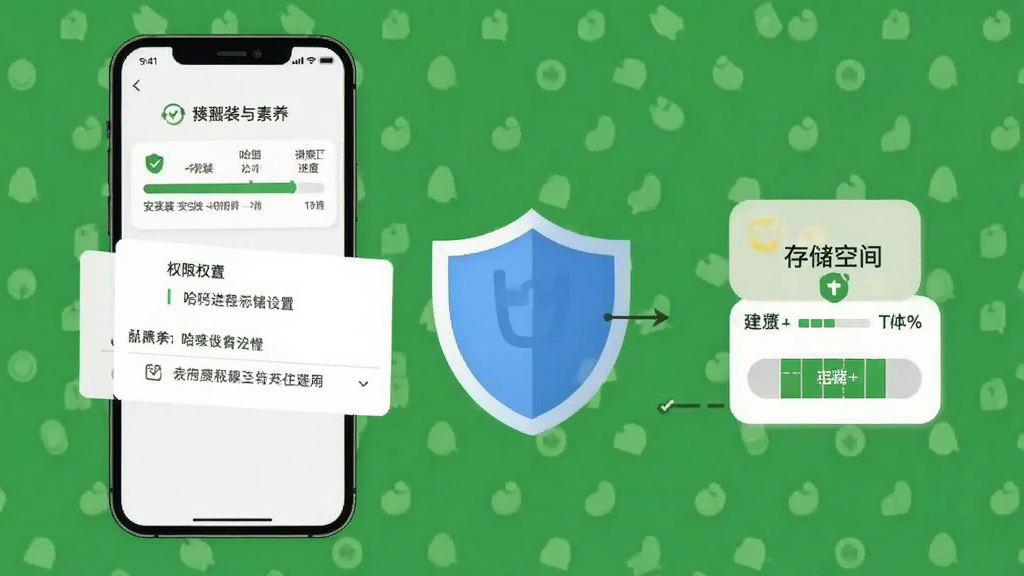 一张表现哈喽素养安装与使用注意事项的示意图,画面为手机屏幕展示安装进度条与权限设置弹窗,屏幕旁配有盾牌图标与存储空间示意图,布局为横向组合,风格信息图风格,细节包括清晰的图标与说明文字块,画质干净整洁,无多余元素