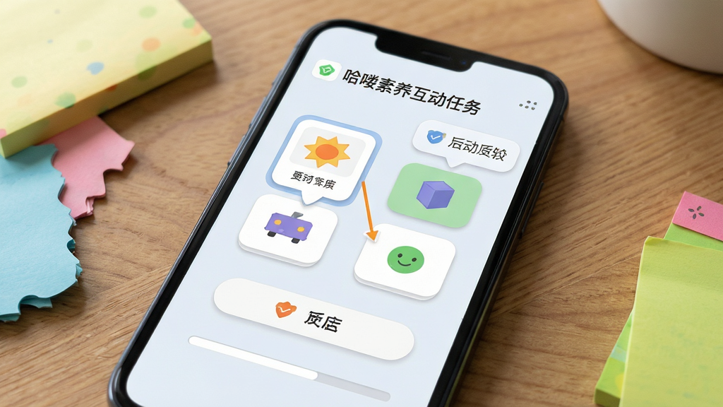 一张展示哈喽素养互动任务界面的场景图,画面为手机屏幕特写,屏幕中呈现一道互动匹配题,包含可拖拽的图形卡片与反馈提示气泡,手机放置在木质桌面上,旁边有彩色便签纸,布局为居中特写,风格现代简洁,细节包括清晰的按钮圆角与进度指示条,画质明亮干净,无多余元素