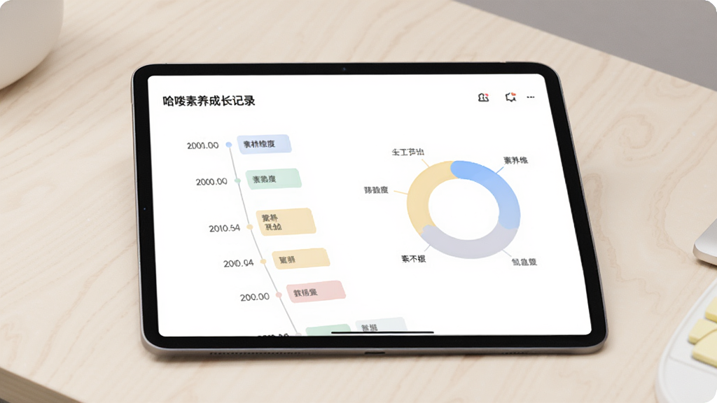 一张展示哈喽素养成长记录页面的示意图,画面为平板设备屏幕,屏幕中呈现时间线视图与环形数据图表,图表旁配有素养维度标签,设备放置在浅色桌面上,布局为横向展示,风格简约商务,细节包括细线条图标与柔和的数据色块,画质清晰干净,无多余元素