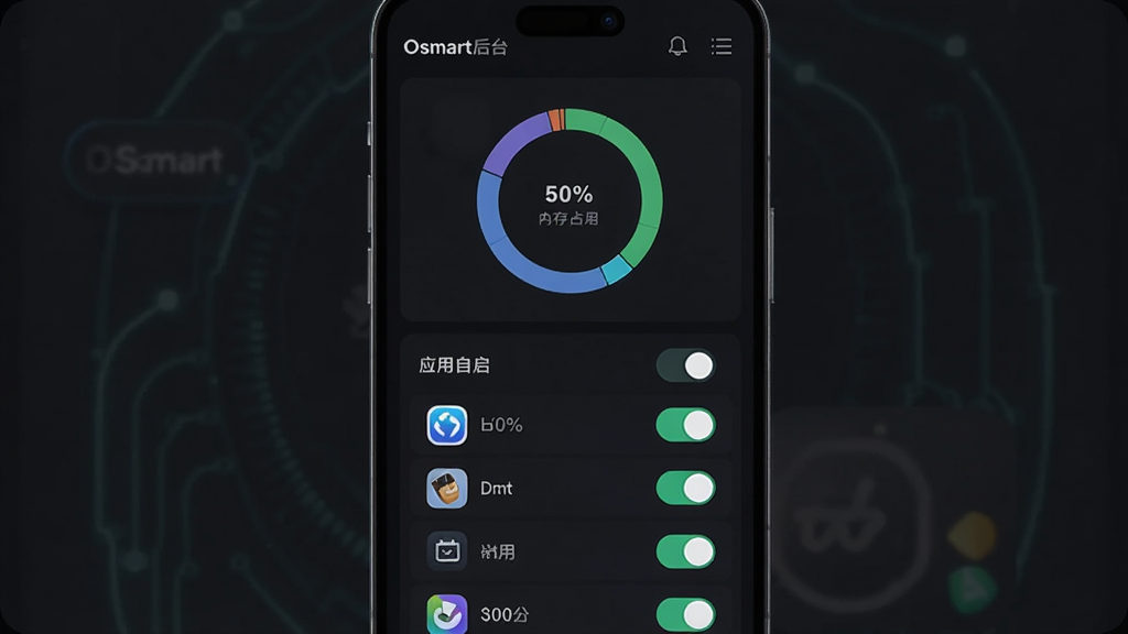 ����Ϊ�ֻ���ĻչʾOsmart��̨�ܿ���壬����Ϊ�Ϸ������ڴ�ռ��ͼ�·�Ӧ�����������б����Ű��������У����Ϊ��ɫ�Ƽ��н��棬ϸ�ڰ������ذ�ť���ڴ�ٷֱȡ�Ӧ��ͼ�꣬���ʸ���ɾ��޶���Ԫ��