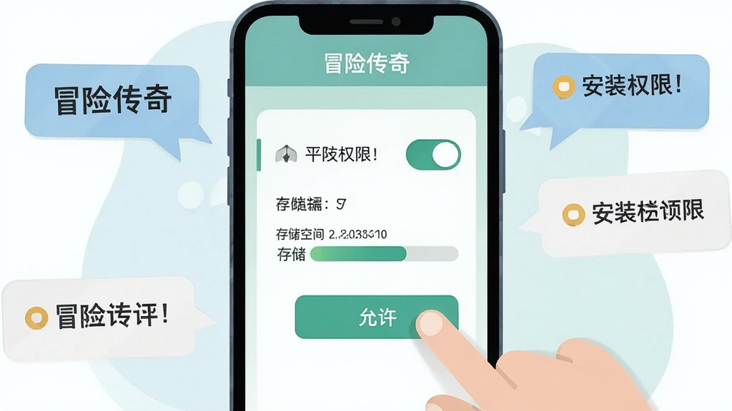 ��������Ϊ�ֻ���Ļչʾð�մ��氲װȨ�����ý��棬�Բ�����ָ�������������ť�Ķ���ʾ�⣻����Ϊ�ֻ����С���ʾ���ݻ������ܣ��Ű��϶�����ע��ð�մ��桱С�֣����Ϊ��ƽ���̳̲廭�磬ɫ����ˬ��ϸ�ڰ���Ȩ�޿���ͼ�ꡢ�洢�ռ�ʾ���������ʸɾ��������޶���Ԫ��