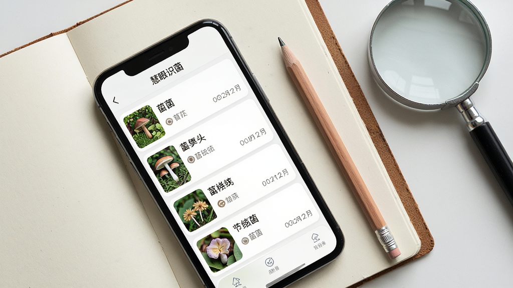 ��������Ϊ�ֻ���Ļչʾ������ʶ������ʷ��¼ҳ�棬�б��������Ŷ�������ʶ���¼��ÿ����������ͼ���������ƺ����ڣ��ֻ�б����һ���򿪵ıʼǱ��ϣ��Ա���Ǧ�ʺͷŴ󾵣�����Ϊ����ƽ�̹�ͼ�����Ϊ��Լ���շ磻ϸ�ڰ���ֽ����������Ļ������������¼��Ŀ���룻���ʸ��壬�ɾ����޶���Ԫ��