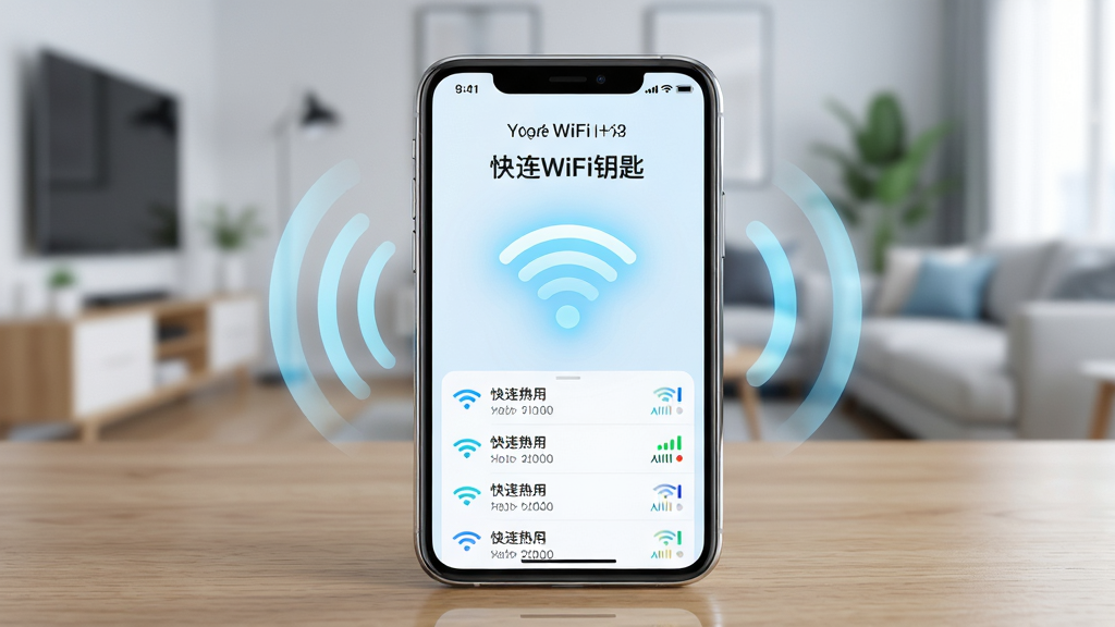 ��������Ϊһ�������ֻ�������ľ�������ϣ��ֻ���Ļ��ʾ������WiFiԿ�ס�Ӧ�ý��棬��������չʾһ�������WiFi�ź�ͼ���븽�������ȵ��б�����Χ���Ƶ���ɫ���߲��ƣ����ֲ��þ��й�ͼ���ֻ�λ�ڻ����Ӿ����ģ�����Ϊ�黯���ִ��Ҿӻ��������Ϊ���¿Ƽ��У�ɫ���԰�ɫ��ǳ��ɫΪ����ϸ�ڰ����ֻ���Ե�ĸ߹ⷴ�䡢��Ļ���������б��Ű����ź�ǿ�ȱ�ʶ�����ʸ��壬����ɾ����޶���Ԫ��