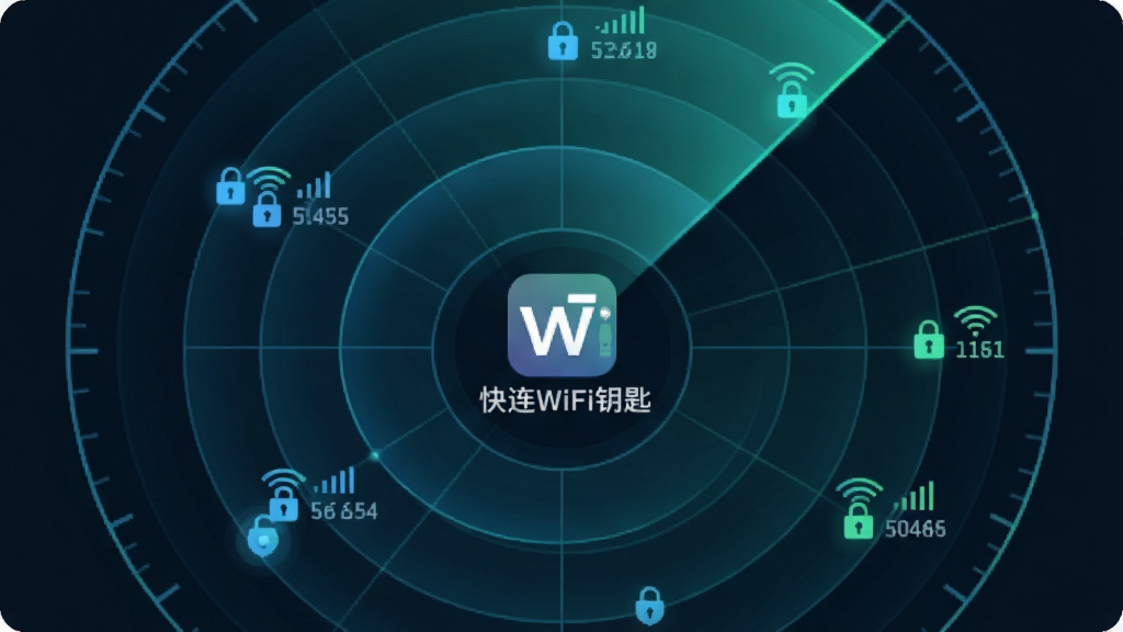 ��������Ϊ������WiFiԿ�ס�����������д����Ļ����ʾ�����״�ɨ�趯�������WiFi�ȵ�ͼ���Թ����ʽ�ֲ����״�ͼ�ϣ�����Ϊ����Logo������Ϊ�ֻ���Ļ���У��״ﶯ��ռ����Ҫ�Ӿ����򣻷��Ϊ���пƼ��磬��ɫ������������ɫ��Ч��ϸ�ڰ����״ﲨ�ƵĽ����Ρ��ȵ�ͼ���Ա�ע���źŸ��������α�ʶ����������������ɾ����޶���Ԫ��