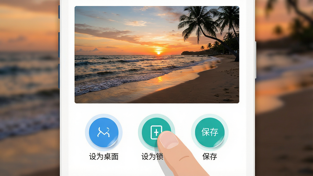 ��������Ϊһ̨�ֻ���Ļ��ʾ��ֽԤ�����棬�����·�������Բ�β�����ť�ֱ��ע����Ϊ���桱����Ϊ�����������桱������һֻ��ָ������м䰴ť������Ϊ�ֻ����С���ť������������Ļ�ײ����Ű��࣬���������ɶ������Ϊ��ƽ��UIʾ��ͼ����ɫΪ�׵������̵�׺��ϸ�ڴ���ť����΢��ѹ��Ч�߹⣬��Ļ�Ϸ�Ϊһ�����亣̲��ֽ�����ʸɾ��������޶���Ԫ�ء�