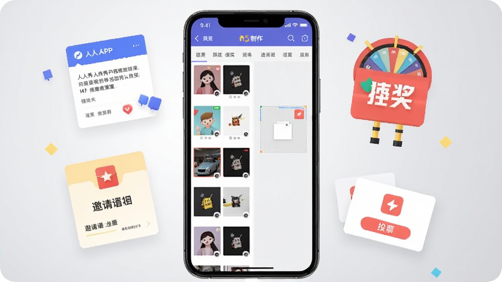 �����������һ�������ֻ�����Ļ����ʾ������APP��H5�������棬���Ϊģ���б�����ͼ���Ҳ�Ϊ����ק�༭�����ֻ���Χ���ƴ��⡢�齱ת�̡����뺯��ͶƱ��Ƭ������Ԫ�أ�����Ϊǳ�ҽ��䣬���������ƽ����ϸ�����������ʸɾ����޶���Ԫ��