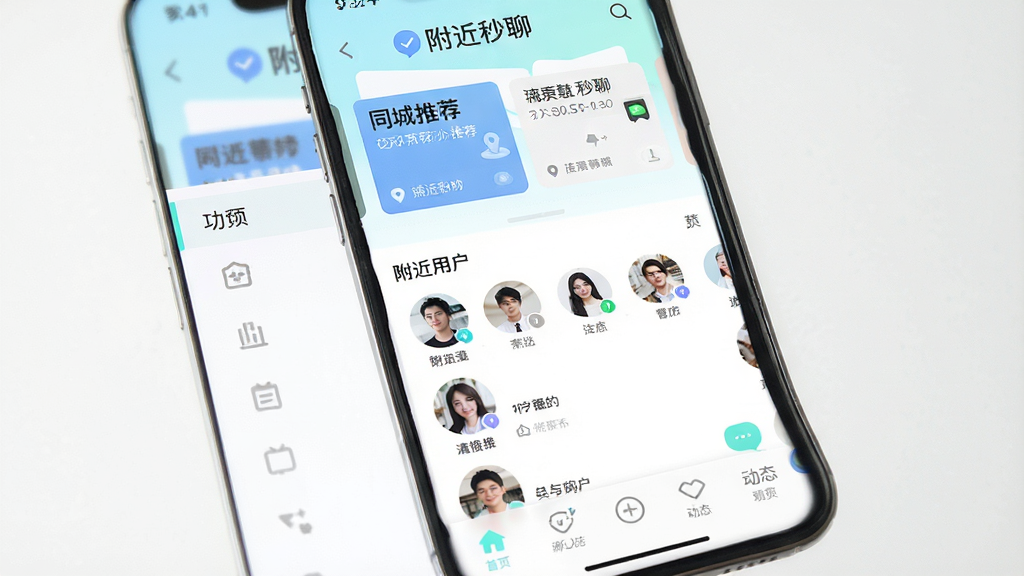 手机屏幕中央展示“附近秒聊”应用主界面,界面顶部显示同城推荐卡片,中部为附近用户头像列表,底部为聊天与动态导航栏,整体布局左右分栏,左侧为功能菜单右侧为内容区,风格清新浅色扁平化设计,细节包含定位图标与消息气泡,画质高清,画面干净,无多余元素