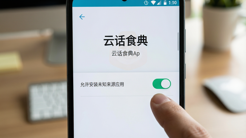 ��������Ϊһ����׿�ֻ���Ļ��д����Ļ��ʾ�ƻ�ʳ��App�İ�װȨ������ҳ�棬ҳ�����С�������װδ֪��ԴӦ�á��Ŀ��ذ�ť���Ա���һֻ��ָ��׼���������ͼΪ�ֻ���Ļ������д������Ϊ�黯�����滷�������дʵ������ϸ����ͻ����Ļ���֡��ƻ�ʳ�䡱��Ȩ�޿��أ����ʸɾ����޶���Ԫ��