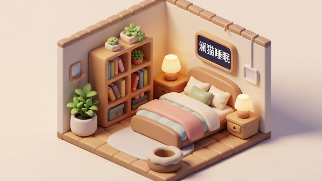 一个温馨的虚拟房间场景,房间内有床铺、书架、绿植与猫窝,墙上挂着一块显示