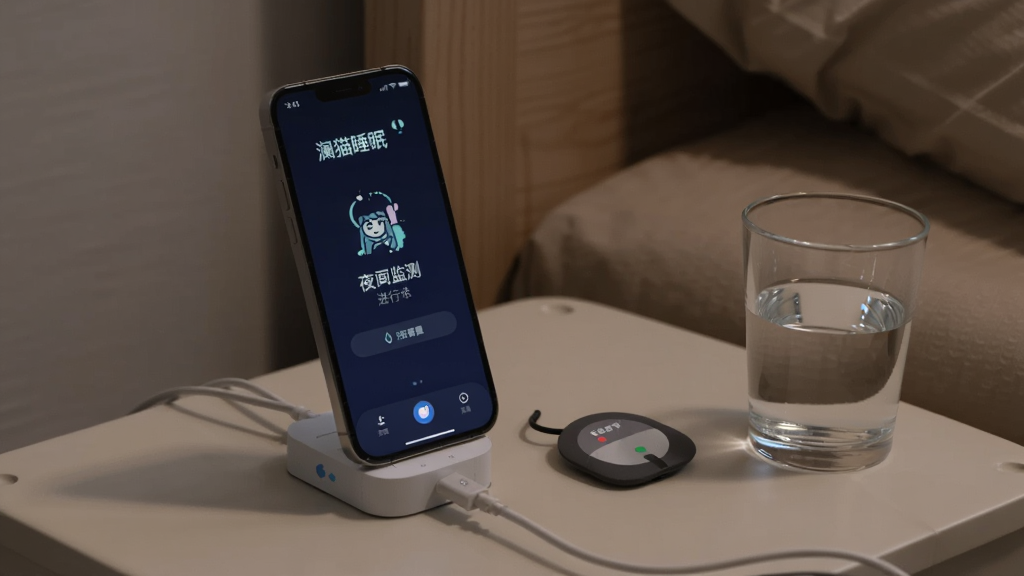 一部手机放置在床头充电线上,屏幕显示
