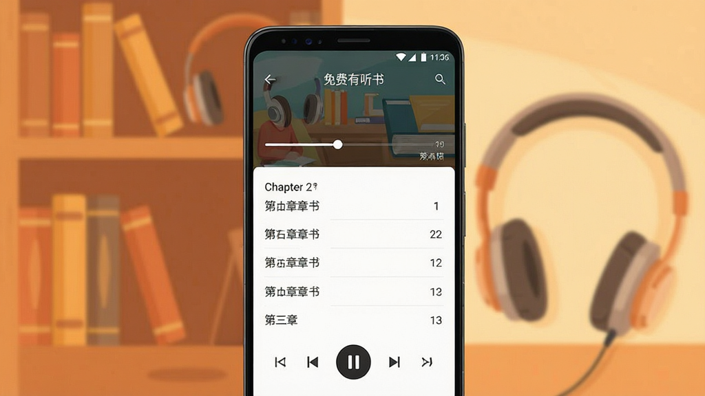 免费有声听书小说软件主界面展示,手机屏幕中央显示听书播放页,背景为暖色调书架与耳机元素,主体为一台竖屏安卓手机,布局居中,排版简洁,风格现代扁平化,细节包含播放进度条、章节列表、分类标签,画质高清,干净,无多余元素
