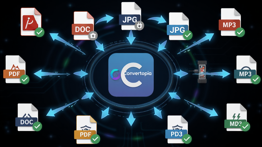 Convertopia���ʽת������չʾ����������ΪConvertopia����ͼ�꣬��Χ�����Ŷ����ļ���ʽͼ����PDF��DOC��JPG��PNG��MP3�ȣ�ͼ��֮���з����ת����ͷ���ӣ����ֳ�Բ�η���״�����Ϊ�Ƽ���ʮ�����ɫ���������������ϸ�ڰ�����ʽͼ���ϵ�С��ǩ��ת����ɵĶԹ���ǣ����ʸ��壬�ɾ�����������Ԫ��