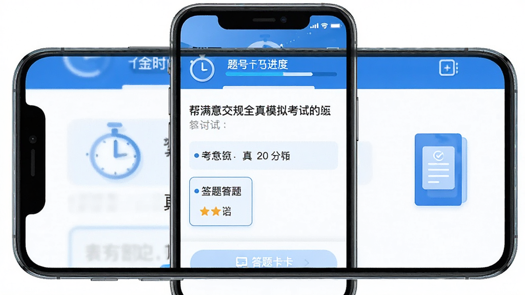 �����⽻��ȫ��ģ�⿼�Խ��棬����Ϊ�ֻ���Ļչʾģ�⿼�Դ���ҳ������Ϊ���½ṹ���Ϸ���ʾʣ��ʱ������Ž��ȣ��м�Ϊ��Ŀ��ѡ��·�Ϊ���⿨��ڣ��Ű���������Ϊ��ˬ������ɫ��ϸ�ڰ�����ʱ��ͼ������⿨����ͼ����������������ɾ����޶���Ԫ��
