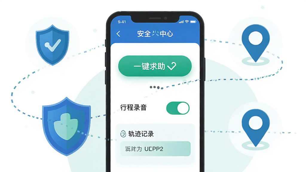 画面主体是旅程司机应用的安全中心页面手机截图风格插画,界面中包含一键求助按钮、行程录音开关与轨迹记录条目,手机旁配有盾牌图标与定位标记,布局为手机居中、图标环绕四周,风格为简洁扁平化设计,细节上按钮醒目、配色以蓝绿为主,画质高清干净无多余元素
