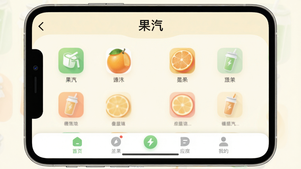 果汽应用的主界面截图风格展示,浅色背景,底部导航栏清晰可见,界面中“果汽”字样出现在顶部标题栏,整体排版整齐,图标圆润,风格清新简约,画质干净无杂乱元素