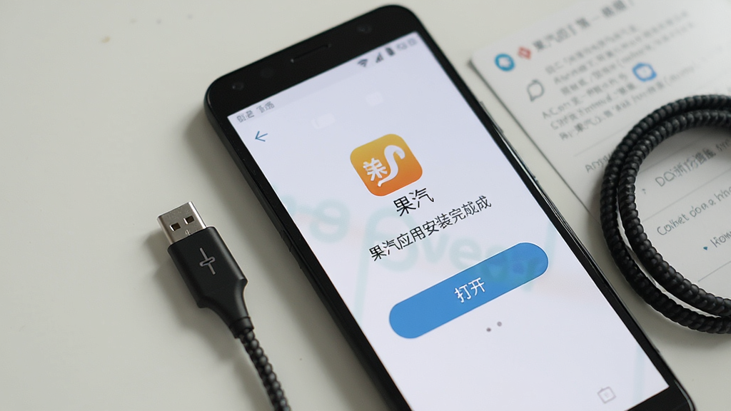 一部安卓手机显示果汽应用安装完成的提示界面,屏幕上有“果汽”图标和“打开”按钮,手机旁边放着一根数据线和一张说明卡片,风格写实,光线明亮,画质清晰干净