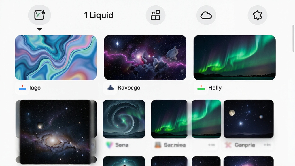 一张LiquidVivo壁纸库界面示意图,画面为手机屏幕内展示网格排列的动态壁纸缩略图,分为流体、星空、极光等分类标签,布局为上下结构顶部标签栏加下方缩略图网格,风格为清爽的卡片式UI设计,细节包含缩略图预览效果与分类图标,画质清晰干净,无多余元素