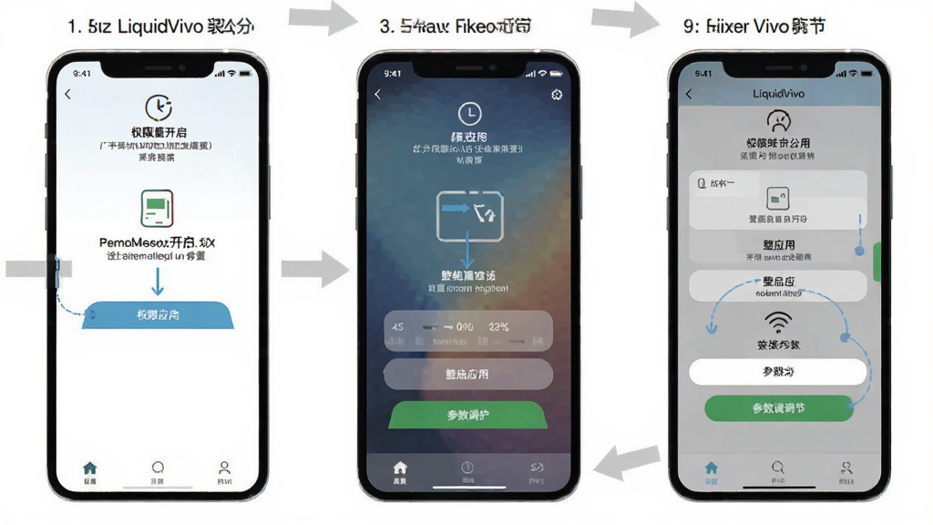 一张LiquidVivo安装设置步骤示意图,画面为手机屏幕内分步展示权限开启、壁纸应用与参数调节三个操作界面,布局为横向三格并列展示,风格为教程类扁平化设计,细节包含箭头指引与界面元素标注,画质清晰干净,无多余元素
