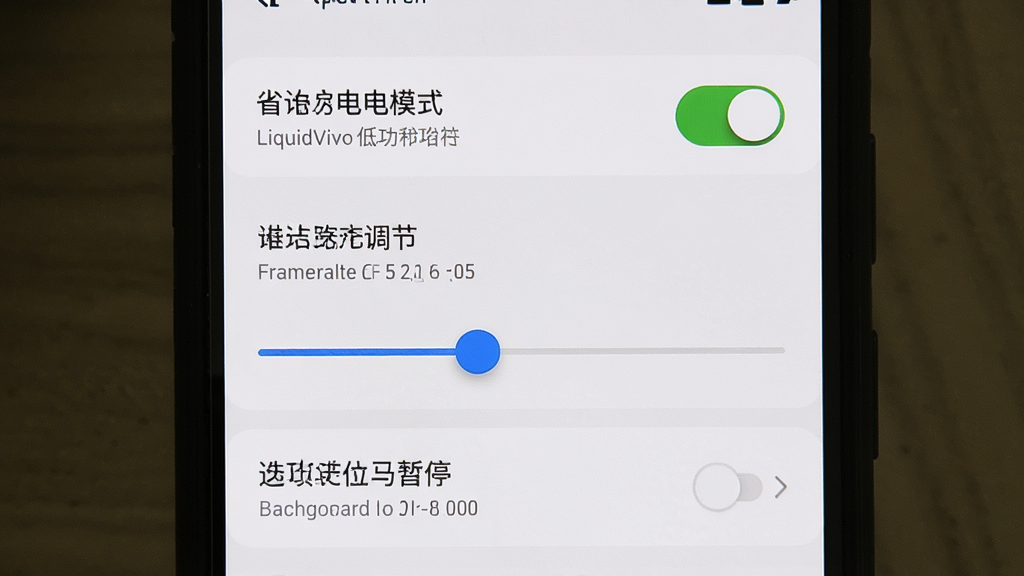 一张LiquidVivo低功耗设置界面图,画面为手机屏幕内展示省电模式开关、帧率调节滑块与后台暂停选项,布局为纵向列表式设置面板,风格为简洁实用的工具类界面,细节包含开关控件、滑块与文字说明,画质清晰干净,无多余元素