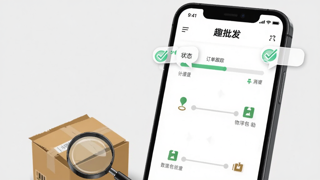 画面为一部手机屏幕特写,屏幕显示“趣批发”应用内的订单跟踪页面,页面中有状态进度条与物流节点图标,手机旁边放置一个打开的纸箱与放大镜,布局上手机占据画面右侧三分之二、纸箱与放大镜位于左下角,风格为写实风格插画,细节上加入勾选标记与提示气泡,画质清晰干净,背景为浅灰色无多余元素