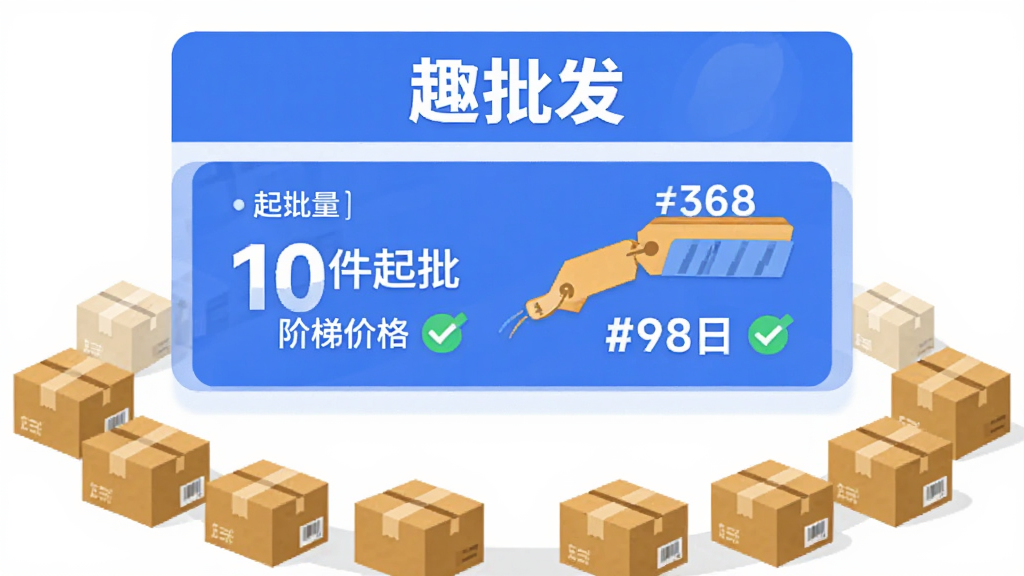 画面中央为一张放大的商品详情卡片,卡片上写有“趣批发”名称,卡片内展示起批量“10件起批”与阶梯价格标签,卡片下方排列若干小纸箱图标表示批量采购,布局上卡片居中、纸箱图标呈弧形环绕,风格为现代扁平插画,细节上加入价格数字与勾选标记,画质清晰明亮,背景干净无多余元素