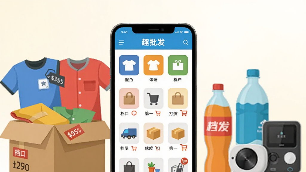 画面中央放置一部智能手机,手机屏幕显示“趣批发”应用首页,页面中有商品分类图标与档口列表,手机周围环绕纸箱、服装、饮料瓶、数码配件等批发商品元素,背景为浅色渐变,整体采用扁平化插画风格,布局上手机居中、商品元素左右对称分布,细节上加入价格标签与购物车图标,画质清晰干净,无多余装饰元素