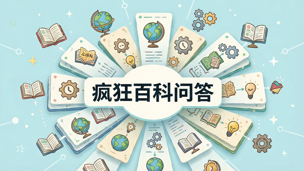 一个以“疯狂百科问答”题库为主题的信息图场景,主体为悬浮的多层知识卡片向四周发散,布局采用中心放射式排版,风格为清新科普插画风,细节包含书本、地球仪、齿轮等知识元素图标,文字标注“疯狂百科问答”,画质高清,画面干净整洁