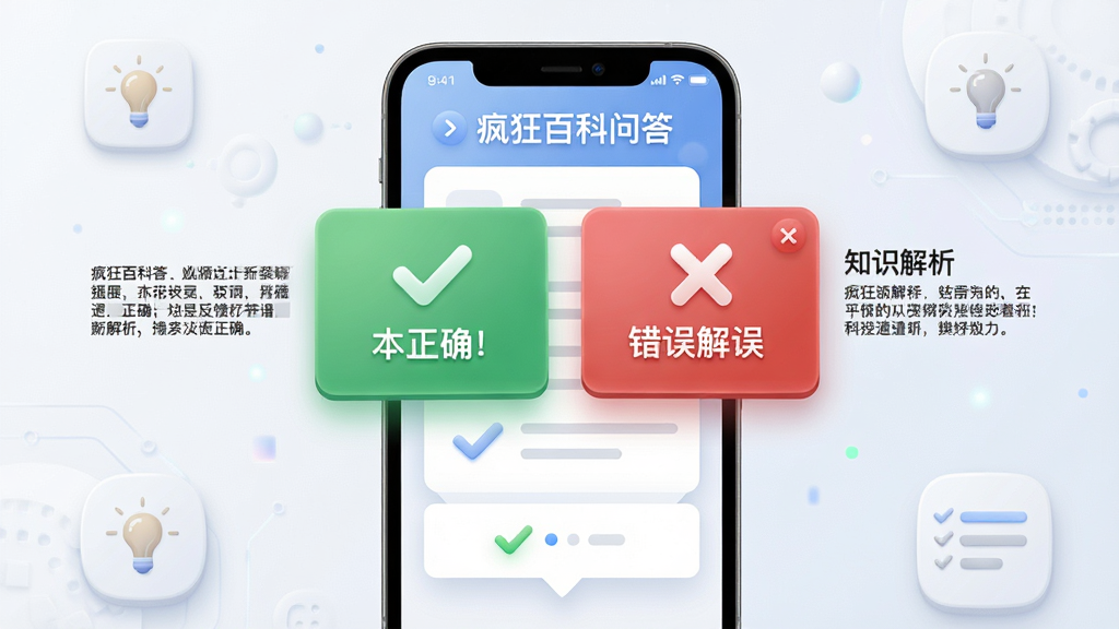 一幅表现“疯狂百科问答”答题反馈机制的概念图,主体为手机屏幕中弹出绿色正确与红色错误提示框并伴随知识解析文字,布局为上下分层结构,风格为轻拟物科技风,细节包含对勾、叉号、灯泡等图标元素,画质细腻,画面干净无杂乱装饰